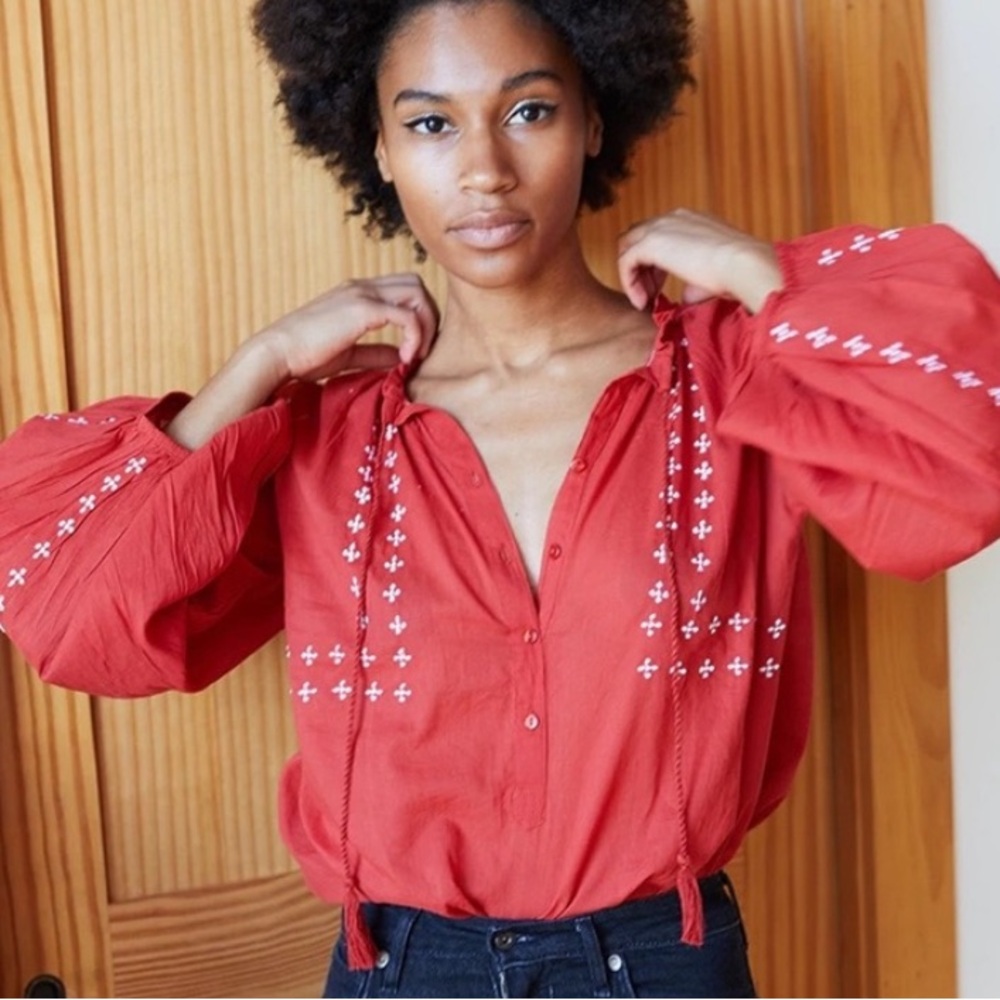 Emerson Fry India Collection Bardot Embroidered Top in Red Size Large